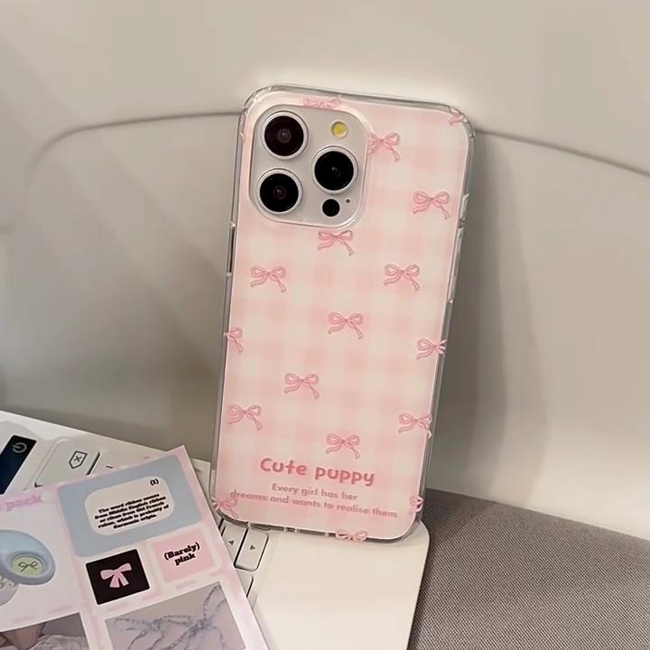 Japanese Style Pink Plaid Bow Phone Case Compatible and Suitable for iPhone15 14 13/12promax