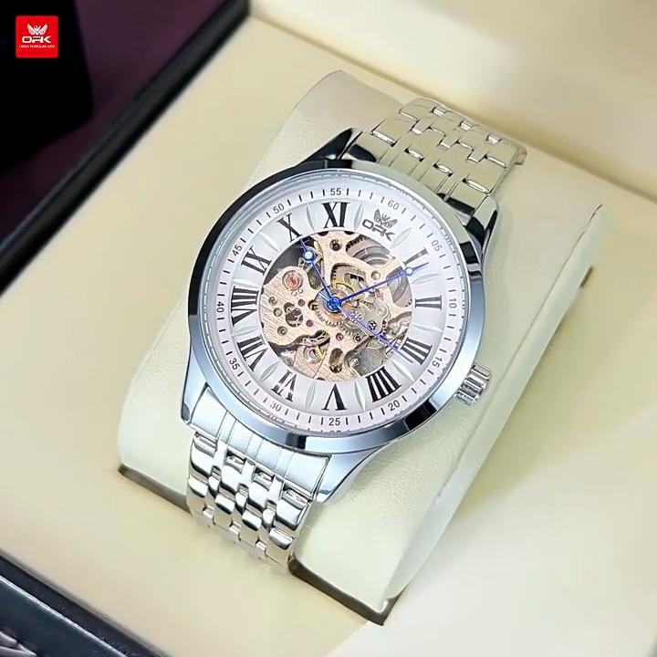 Mens Automatic Mechanical Watch Skeleton Hollow Roman Numeral Dial Waterproof Stainless Steel Business Dress Wrist Watch for Men
