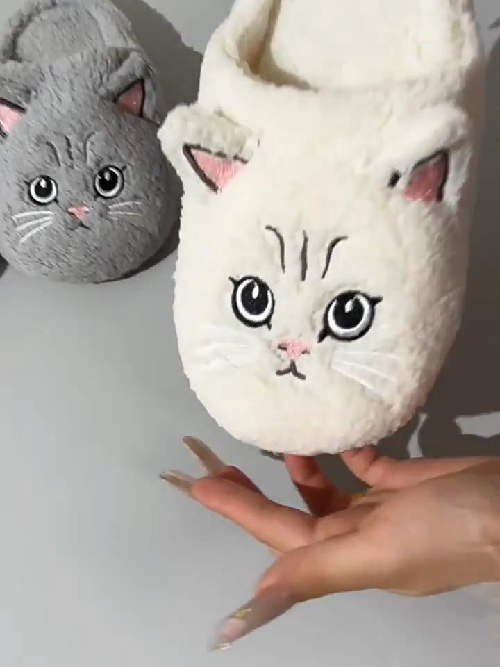 Damen Plüsch Katzen Hausschuhe - Winter Warme Rutschfeste Indoor Hausschuhe mit Niedlichem Cartoon Kätzchen Design, Weiche EVA Sohle & Gemütlicher Stoff, Niedliche Hausschuhe