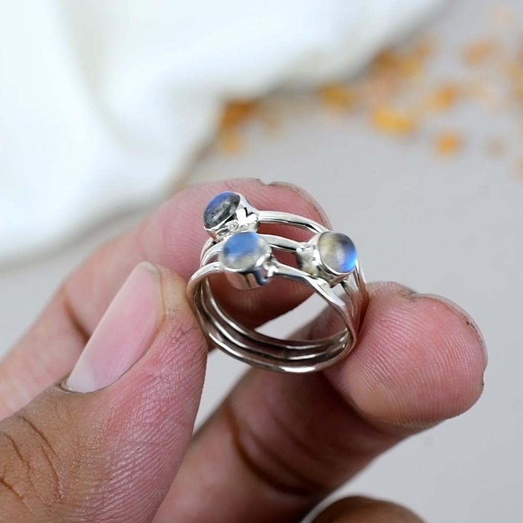 925 Sterling Silver Labradorite Gemstone Round Shape Ring For Women Black Moonstone Ring For Her