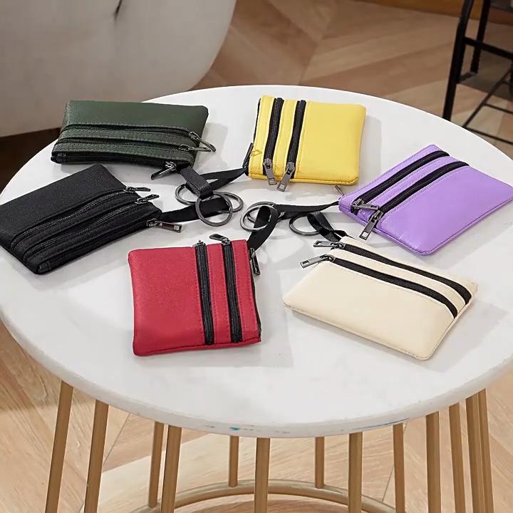 Portable Solid Color Multi-pocket Coin Card Bag Wallet Women Small Change Pouch with Zip Key Ring