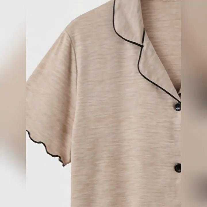 Women Pajama 3‑Piece Set, Color Cotton Button Open Shirt Shorts Pants, Khaki Loose Loungewear For Home Sleep