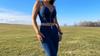 Shascullfites Terno feminino azul escuro bodysuit zíper push up top cintura média jeans flare feminino 2 peças conjuntos de calças
