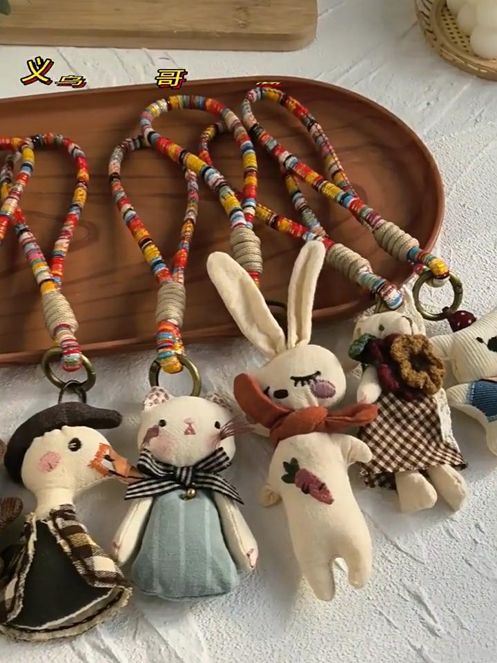 Cute Fabric Bunny Bag Charm, Handmade Plush Rabbit Keychain with Flower Dress & Braided Rope