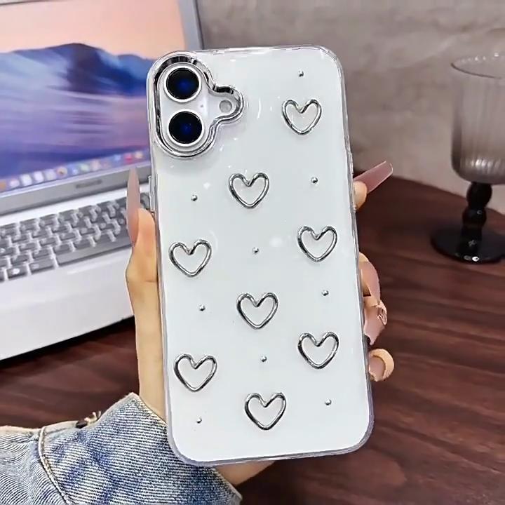 Glitzer 3D Silber Herz Handyhülle Für iPhone 17 16 15 14 13 12 11 Pro Max 7 8 Plus X XS Epoxid Hülle Mädchen Klare Abdeckung