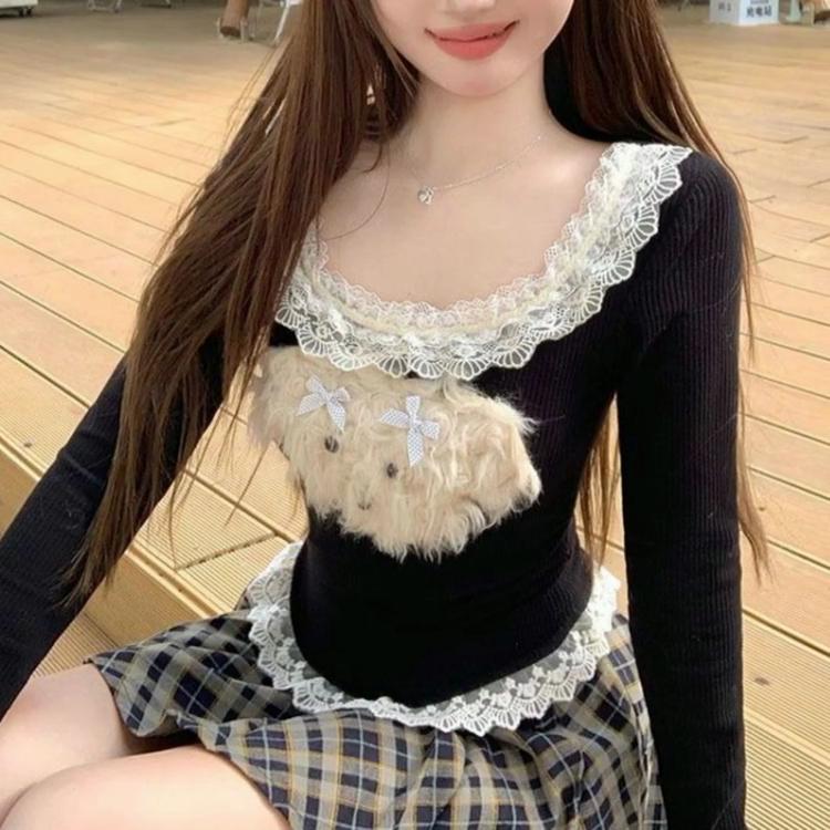 Sweet Lace Spliced Slim T-shirt Women's Clothing Chic Cartoon Puppy Spring Autumn Long Sleeve Hotsweet Square Collar Pullovers