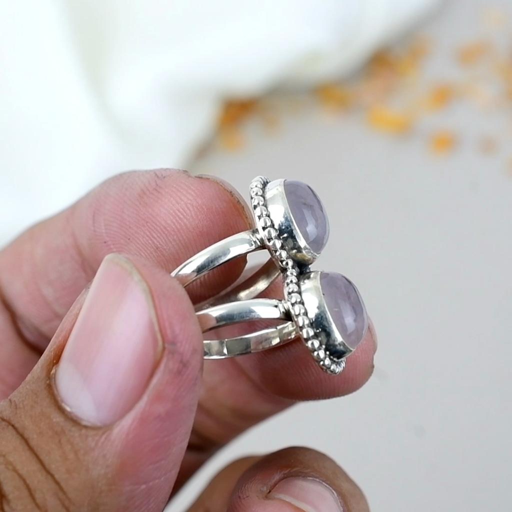 925 Sterling Silver Pink Rose Quartz Gemstone Oval Shape Ring For Women