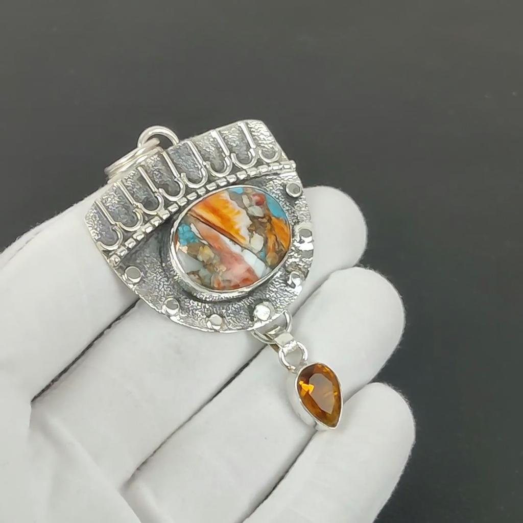 Orange Spiny Oyster Pendant, 925 Sterling Silver Handmade Jewelry, Smoky Topaz Silver Pendant, Party Wear Jewelry For Women's, Pendant Engagement Gift