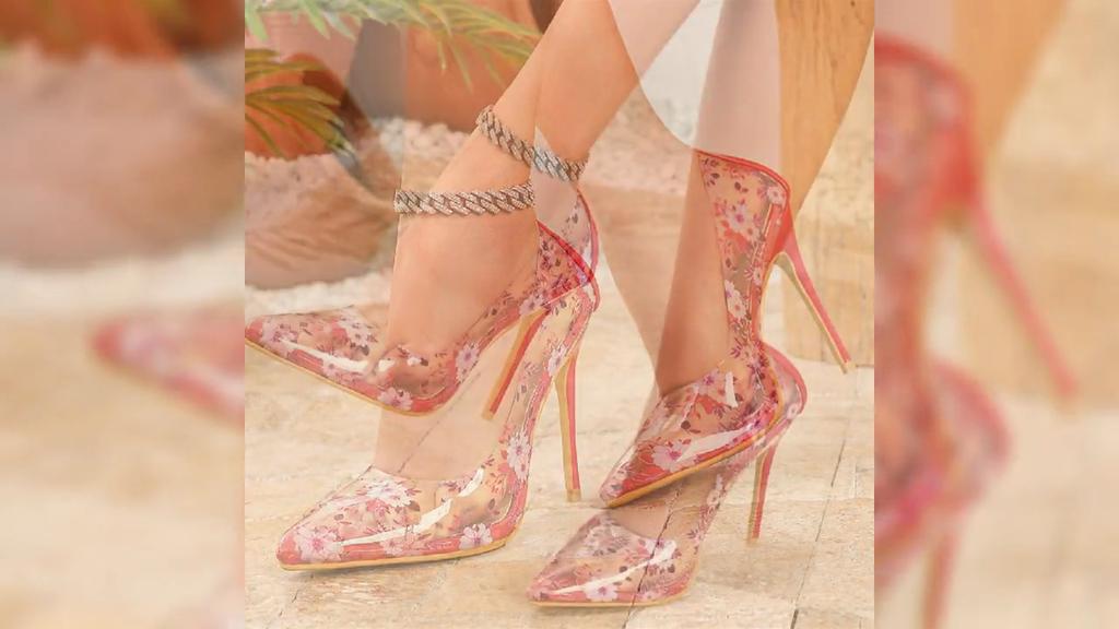 Eilyken Pink Flower Fashion PVC Transparent Pumps Women Sexy Pointed Toe Thin Heels Wedding Party Shoes