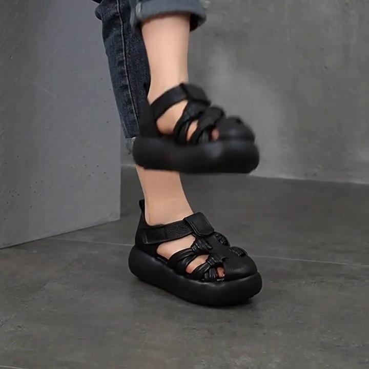Johnature Genuine Leather Retro Hand Woven Hollow-out Sandals Soft Soled Women's Flat Platform Shoes