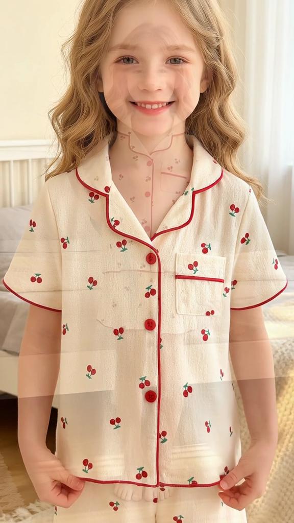 Girls Cherry Print Pajama Set, Short Sleeve Button Down Top & Shorts Sleepwear for Kids 4-7Y