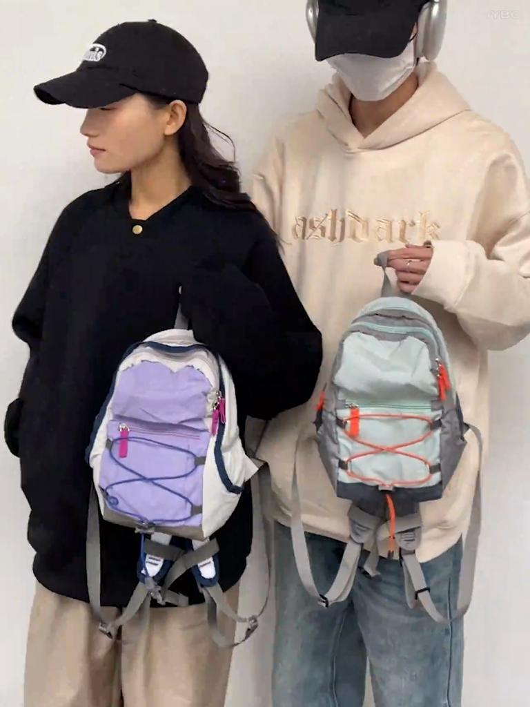 Block Color Small Schoolbag Women's Drawstring Mini Travel Bag Men Lightweight Backpack