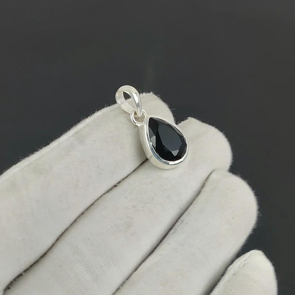 Dainty Black Spinel Gemstone Silver Pendant In 925 Sterling Silver - Handmade Pear Design, Everyday Wear Minimalist Jewelry Party Wear Gift