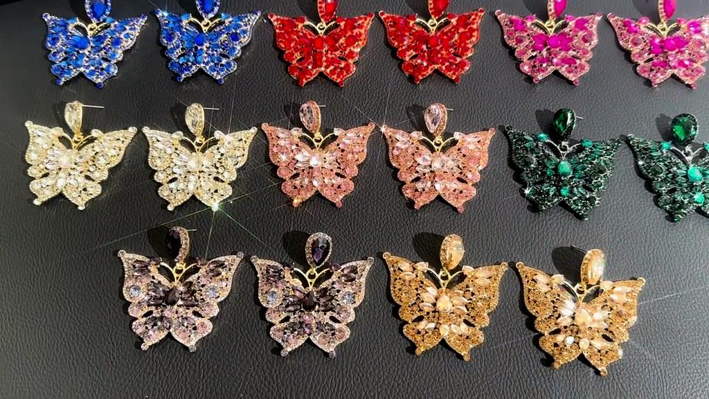 New Coloured Glass Rhinestone Earrings Earrings Personalised Exaggerated Butterfly Earrings Women's Earrings 1 Pair