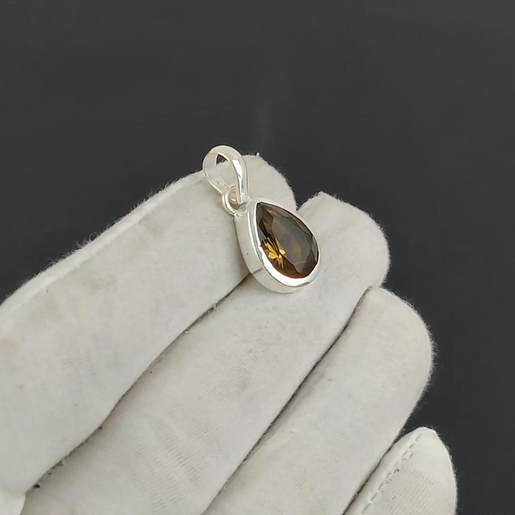 Smoky Topaz Gemstone Silver Pendant in 925 Sterling Silver - Handmade Pear Design, Everyday Wear Minimalist Jewelry Gift For Men
