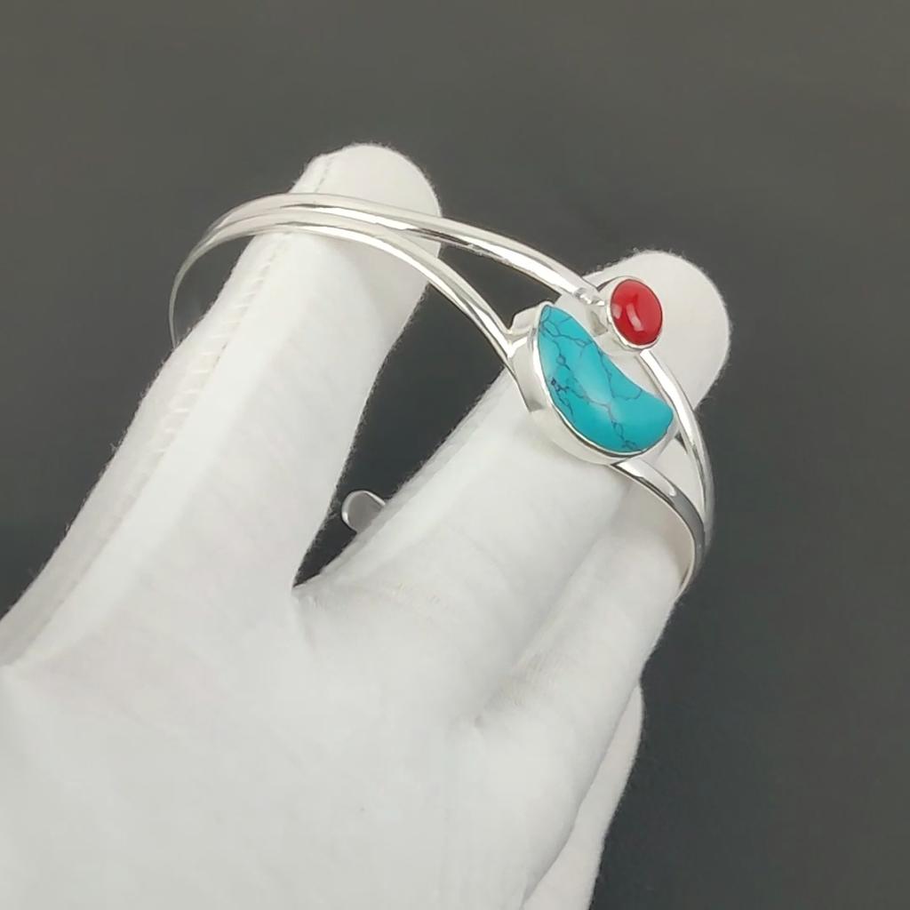 Turquoise Gemstone Handmade Cuff Bangle 925 Sterling Silver Cuff Bangle, Red Coral Bracelet For Wife , Unisex Bangle, Christmas Day Gift
