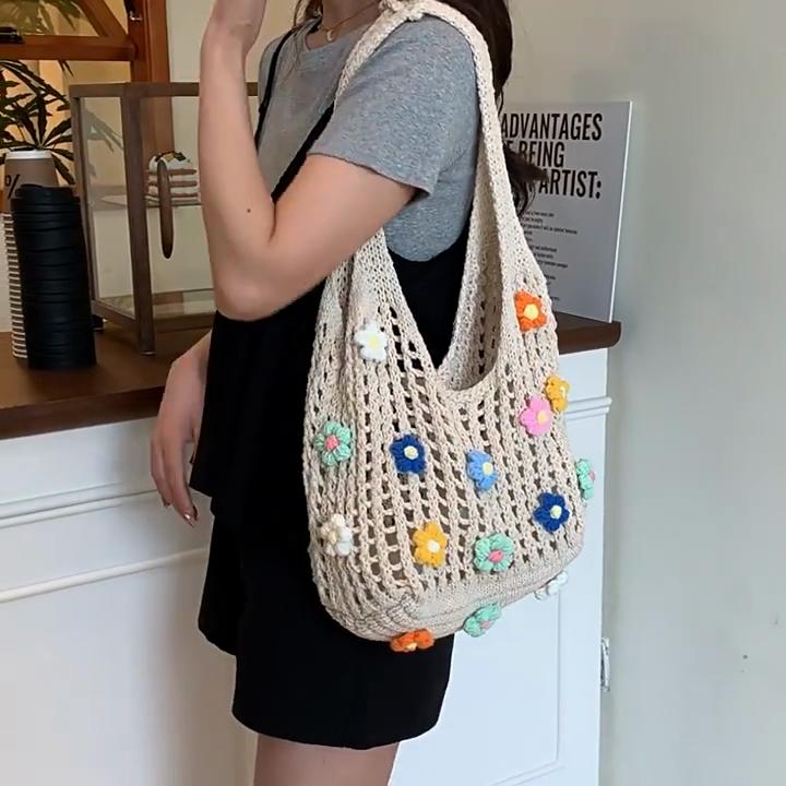 Street Style Woven Flowers Strand Shoulder Bag With Polyester Lining For Everyday Wear