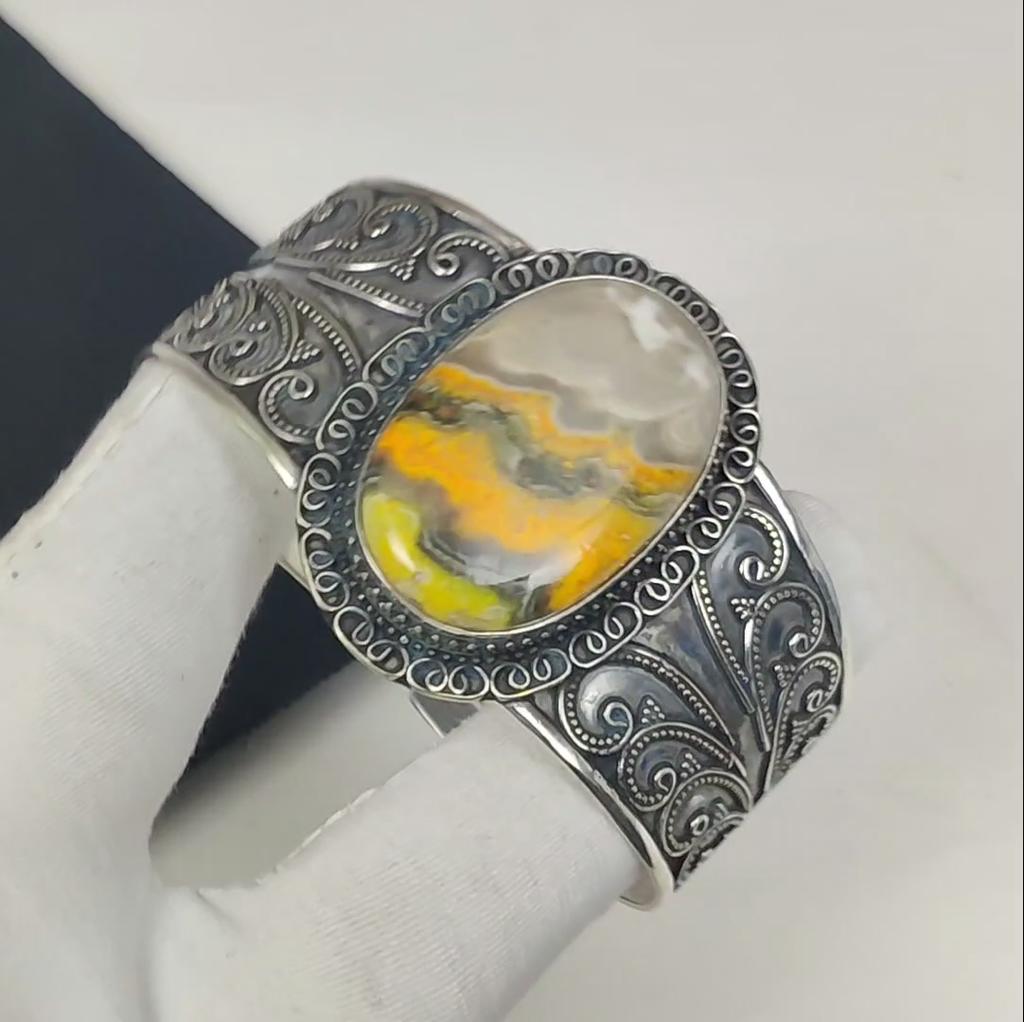 Браслет-манжета из натурального драгоценного камня Bumble Bee Jasper, ручная работа, стерлинговое серебро 925 пробы, браслет Bumble Bee Jasper, для жены, браслет унисекс, подарки из ваты