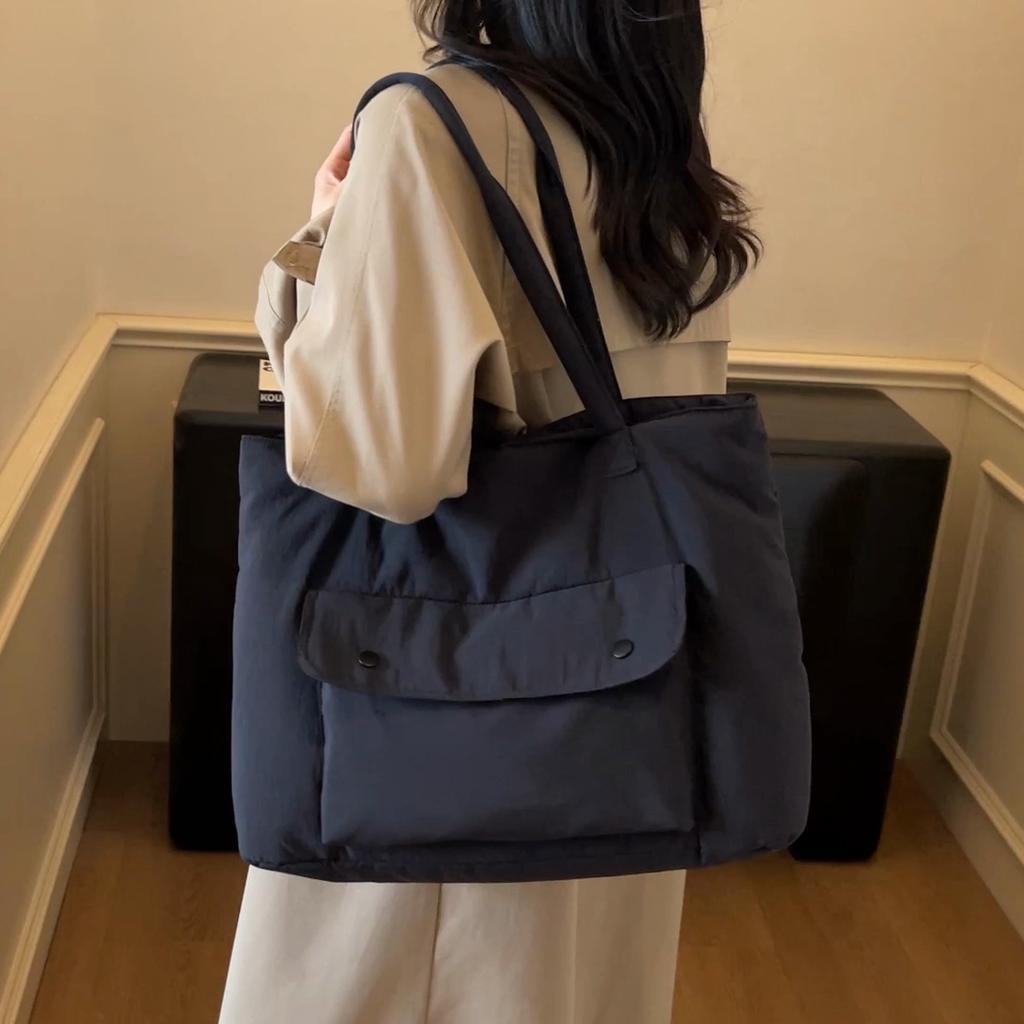 Minimalist Solid Color Tote Bag for Women – Large Capacity Shoulder Bag with Front Pocket – Perfect for Daily Use, Shopping, and School