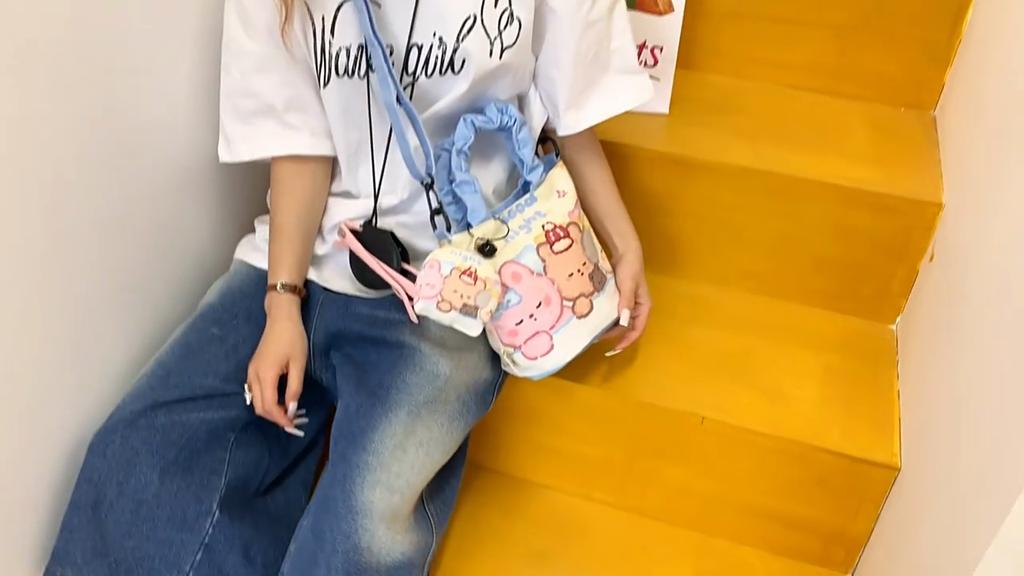 Cute Cartoon Water Bucket Bag With Little Bear Rabbit Print Designl For Casual Daily Use