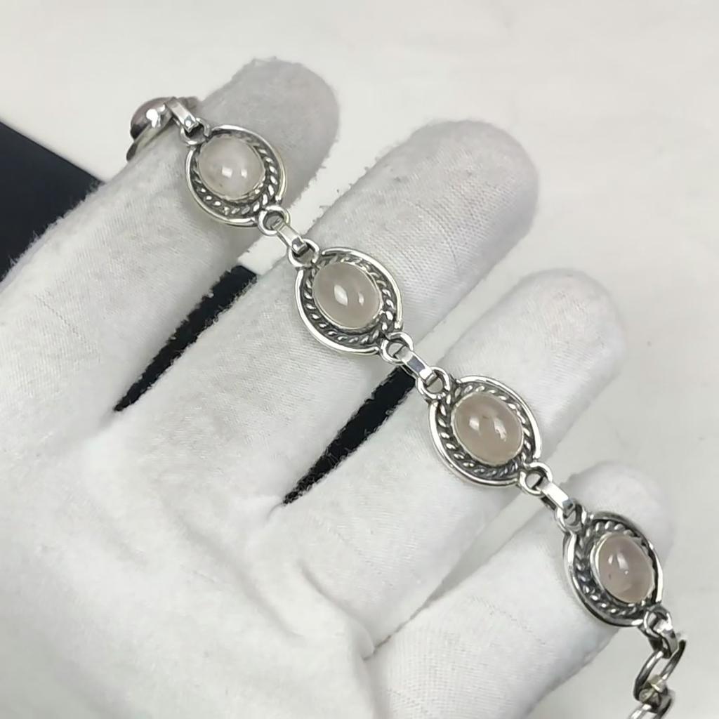 Pulseira de Prata de Lei 925 Feita à Mão com Gema de Quartzo Rosa Natural, Pulseira de Quartzo Rosa para Esposa, Pulseira Unissex, Presente para Usar em Festa