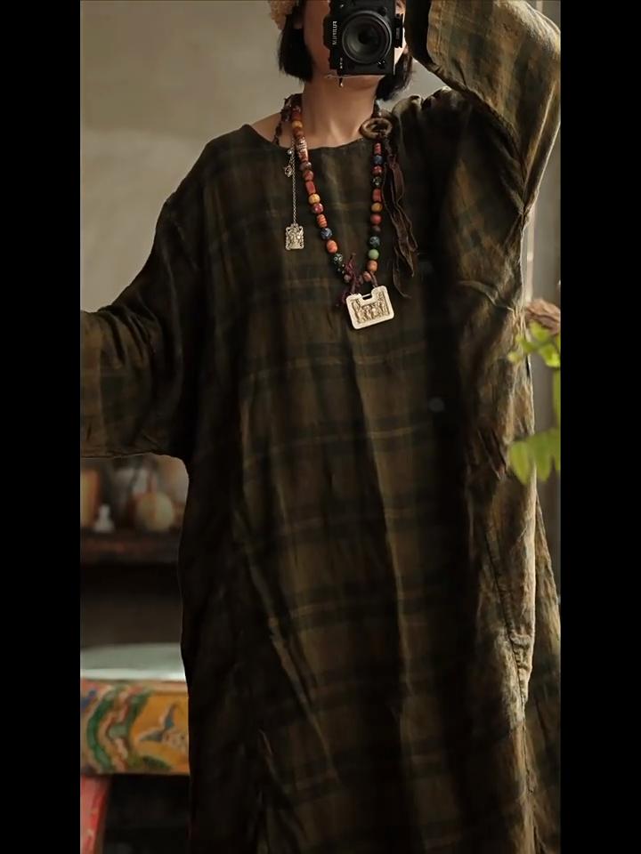 Johnature Damen Vintage Winter Grünes Gestreiftes Kleid O-Ausschnitt Langarm Locker Hohe Qualität Damenkleid