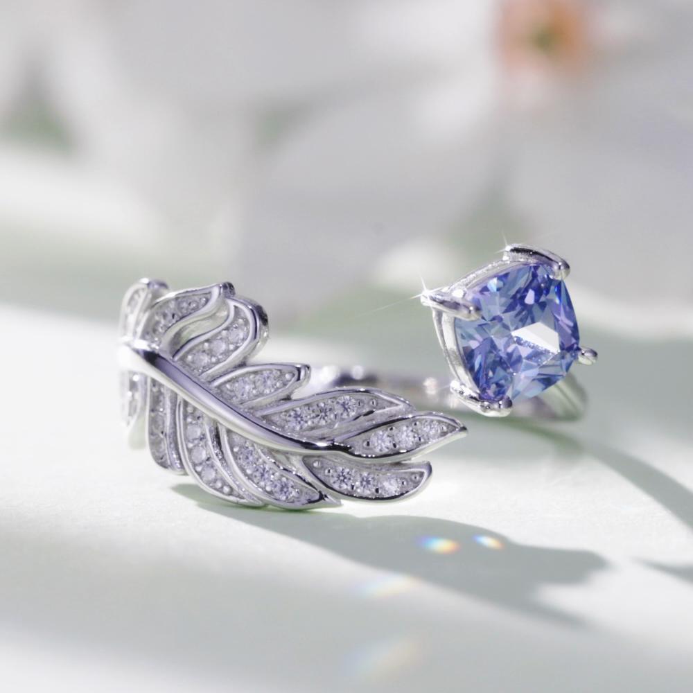 BAMOER 925 Sterling Silver Adjustable Feather Ring For Women with Blue Gemstone Dainty Feather Sizable Ring Jewelry