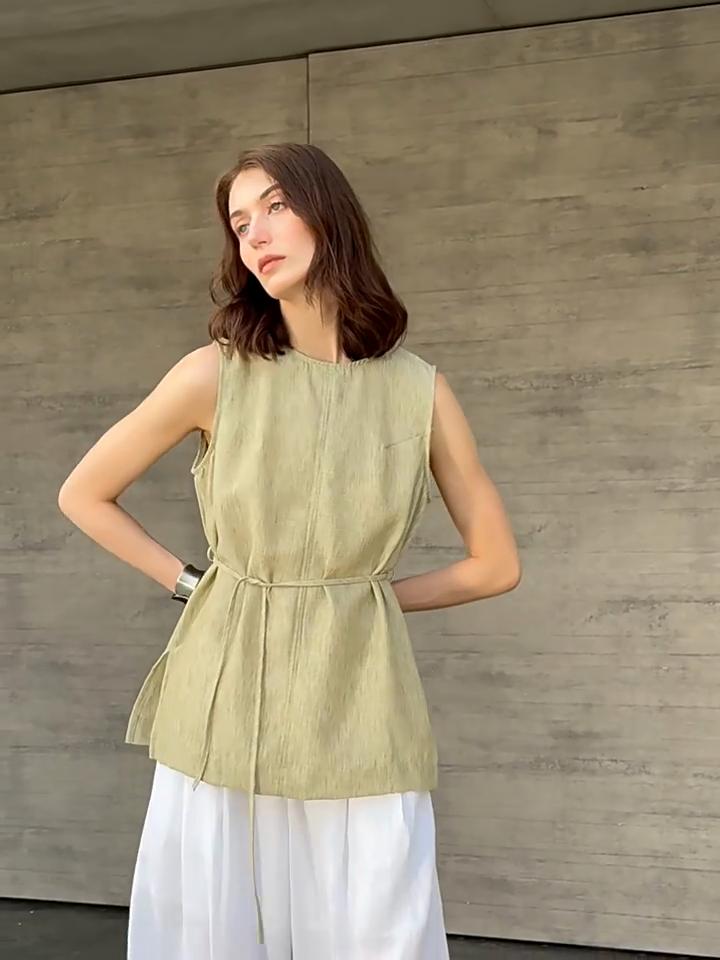 Johnature Round-neck Women Vest Camisole Summer Tie-loose Sleeveless Top Simple Sleeveless Tops