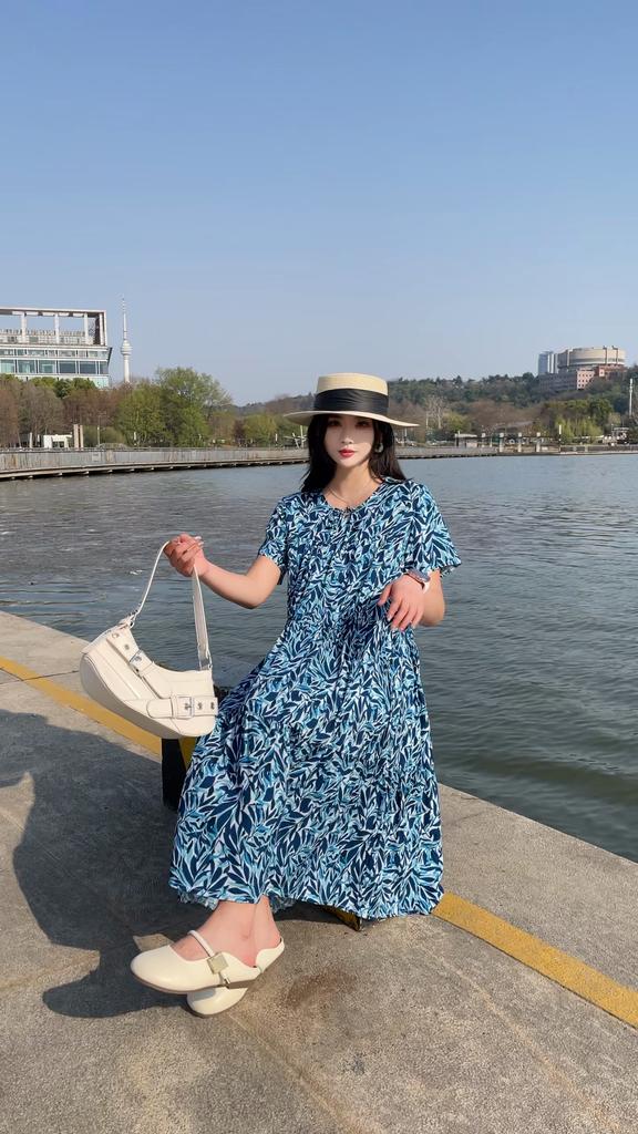Elegant Summer Casual Dress for Women Vintage Clothes Short Sleeve Loose Long Dress