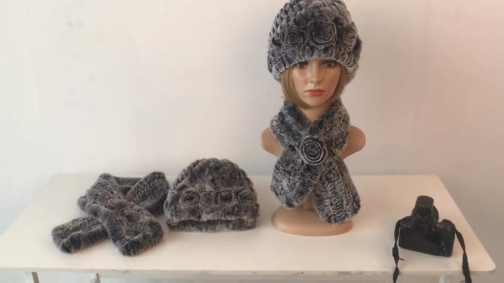 Hot Sale Lady Natural Fur Hats Scarves Sets Women Winter Knit Real Rex Rabbit Fur Hats Muffle 2 Pieces Real Fur Hat Scarf