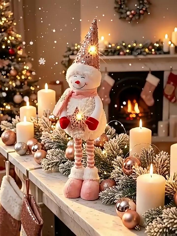 Holiday Standing Snowman Doll Christmas Plush Sequins Hat Legs with Extendable Holding Star Decorative Dolls