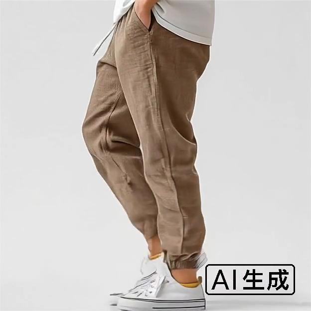 Men High Quality Cotton Linen Casual Pants Elastic Waist Solid Color Breathable Comfortable Straight Leg Cuffed Trousers