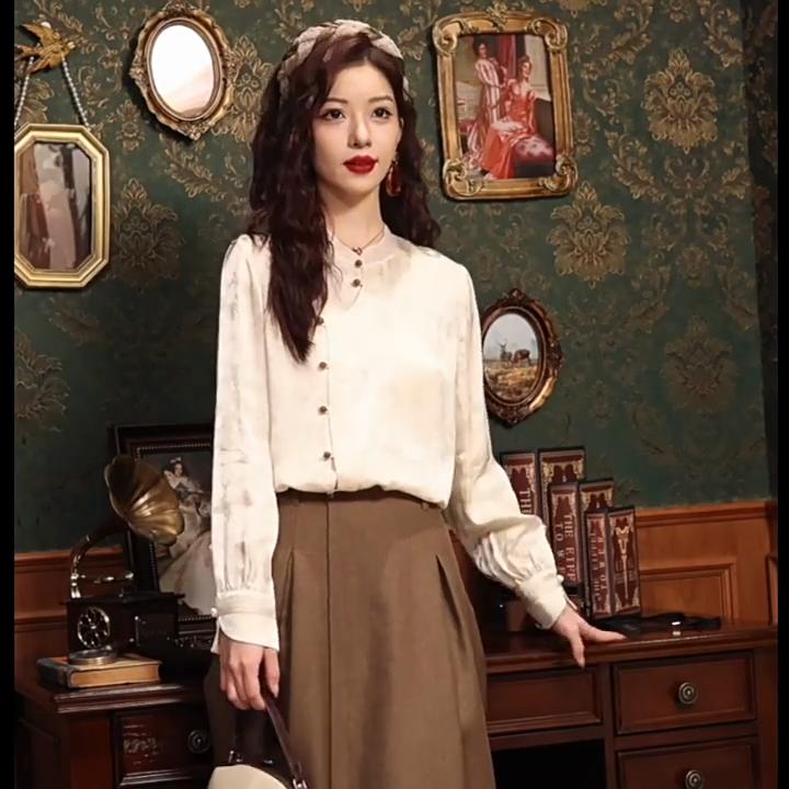 Plate Button Shirt Women's Spring and Autumn Retro Tang Dynasty Oblique Placket Long-sleeved Blouse