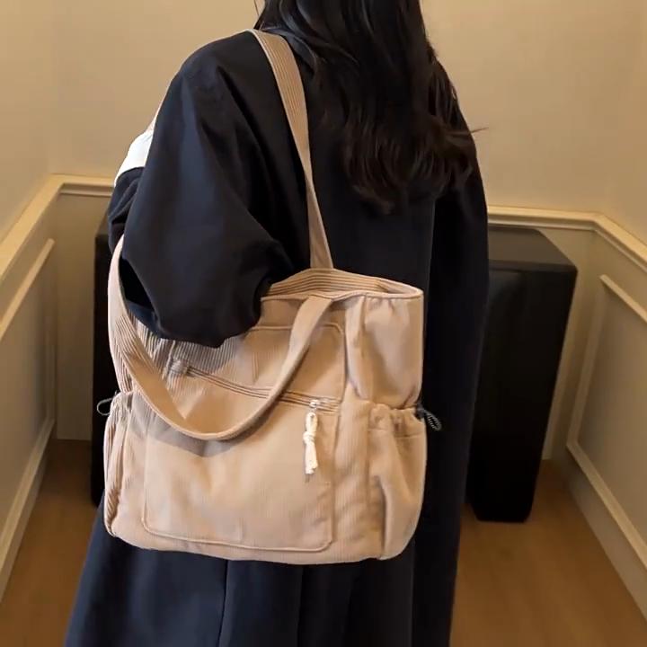 Vintage Corduroy Tote Bag for Women Large Capacity Shoulder Bag Casual Handbag College School Shopping Travel Tote Bag
