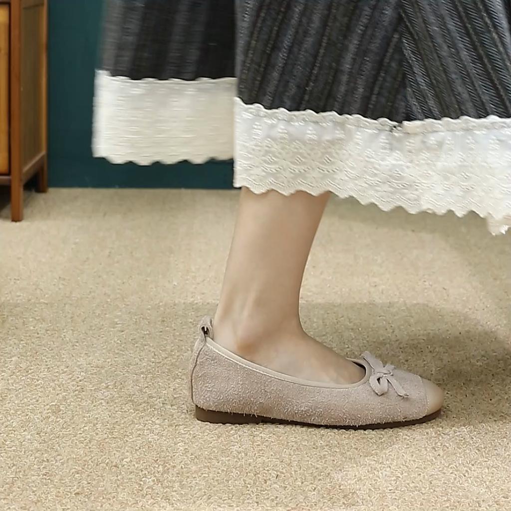 Comfortable Suede Ballet Flats with Bow Detail Slip-On Casual Shoes for Women