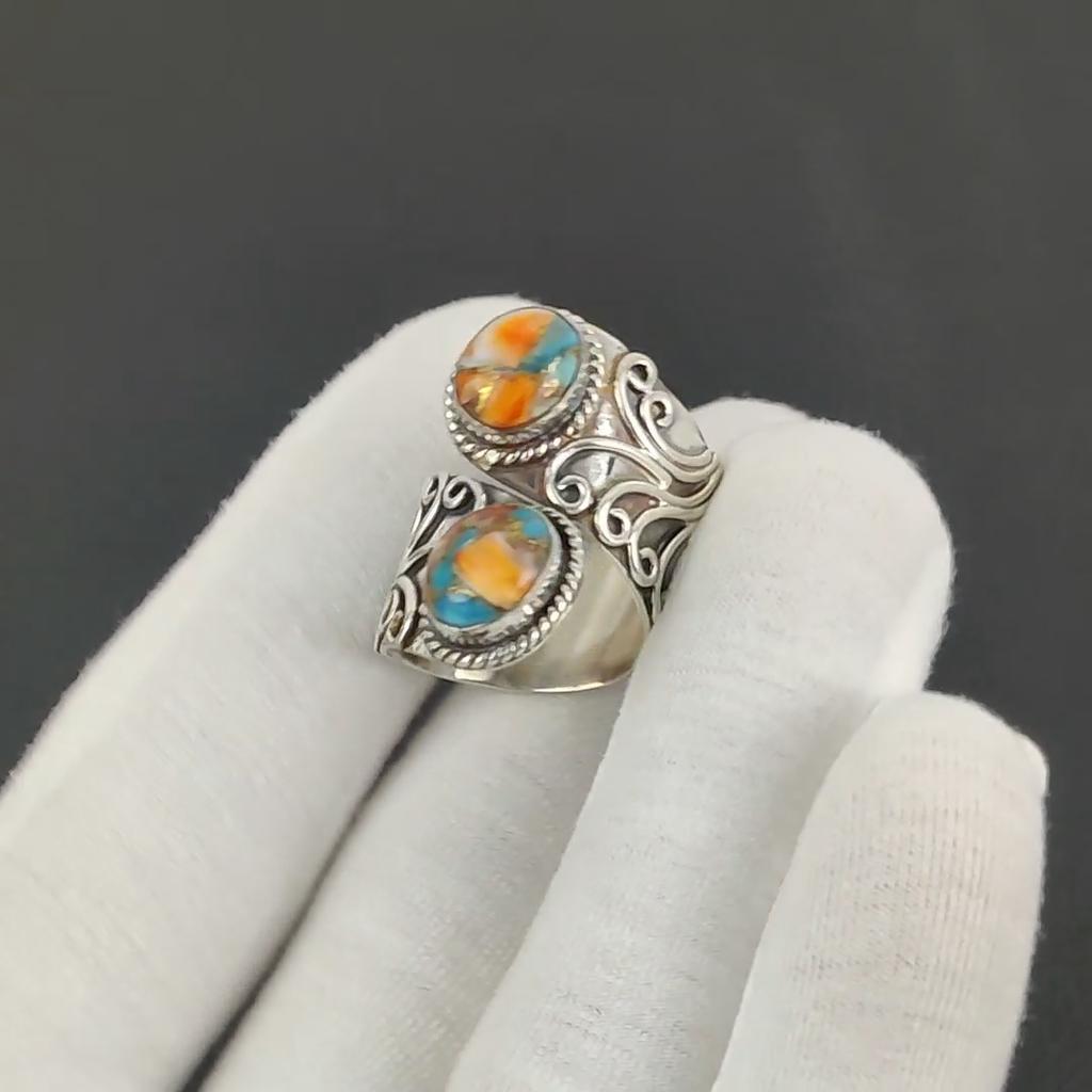 Natural Orange Spiny Oyster Adjustable 925 Sterling Silver Ring - Fits US Sizes 6 To 10 - Antique Handmade Boho Ring for Women & Men, Valentine Gifts