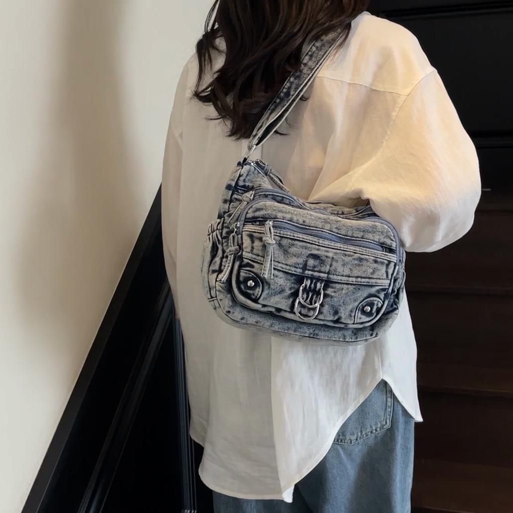 Vintage Denim Crossbody Bag Multi-Pocket Women's Shoulder Bag
