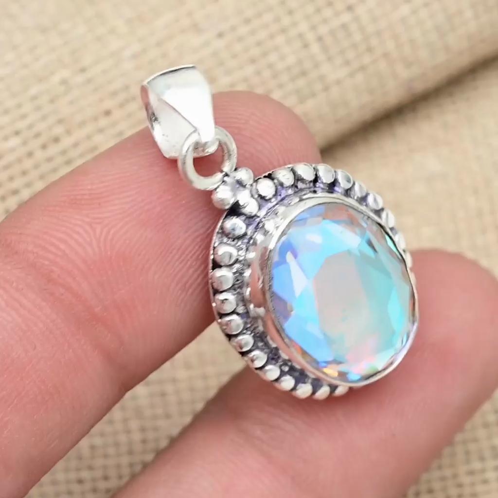 AAA+Mystic Topaz Gemstone Handmade 925 Sterling Silver Pendant Jewelry For Engagement Gift