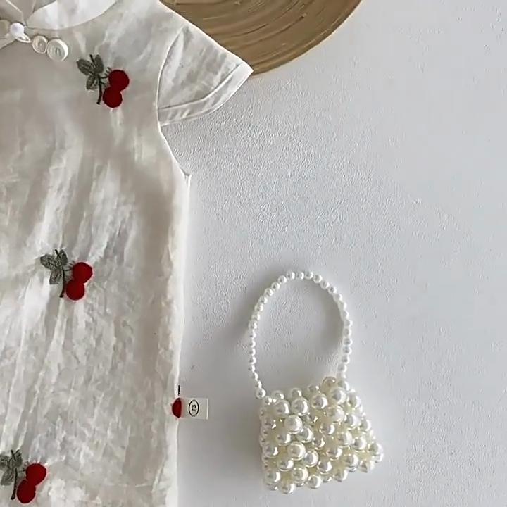 Girls Cherry Cheongsam Dress Summer Chinese Style Cross Collar Princess Dress Fashion Outfit for Kids