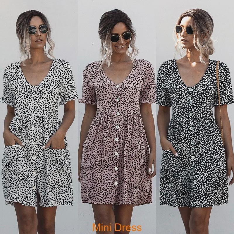 Stylish Women V-neck Holiday Mini Dress Featuring Elegant Polka Dot Design And Pockets