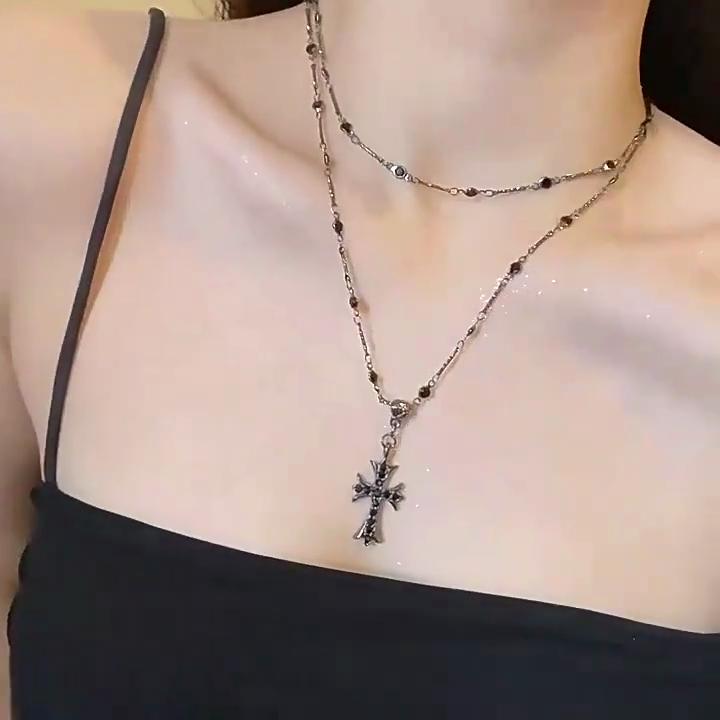 Dark Cross Necklace Women Tide Long Double Layers Stacked Sweet Cool Sweater Chain Niche Light Luxury Premium Feeling Collarbone Chain
