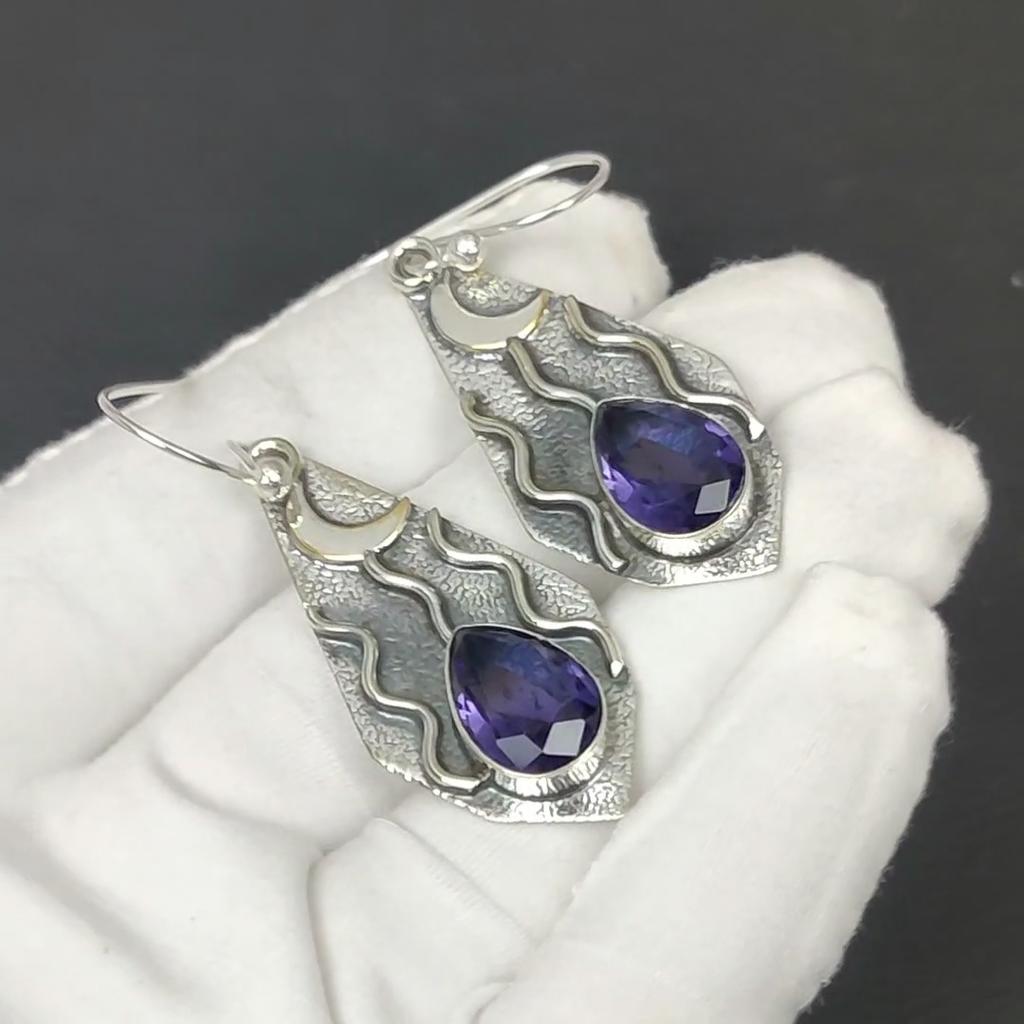 Natürliche Amethyst Edelstein Ohrringe, 925 Sterling Silber Ohrringe, Handgemachte Boho Silber Schmuck Ohrhänger, Geburtstagsgeschenke Liebe