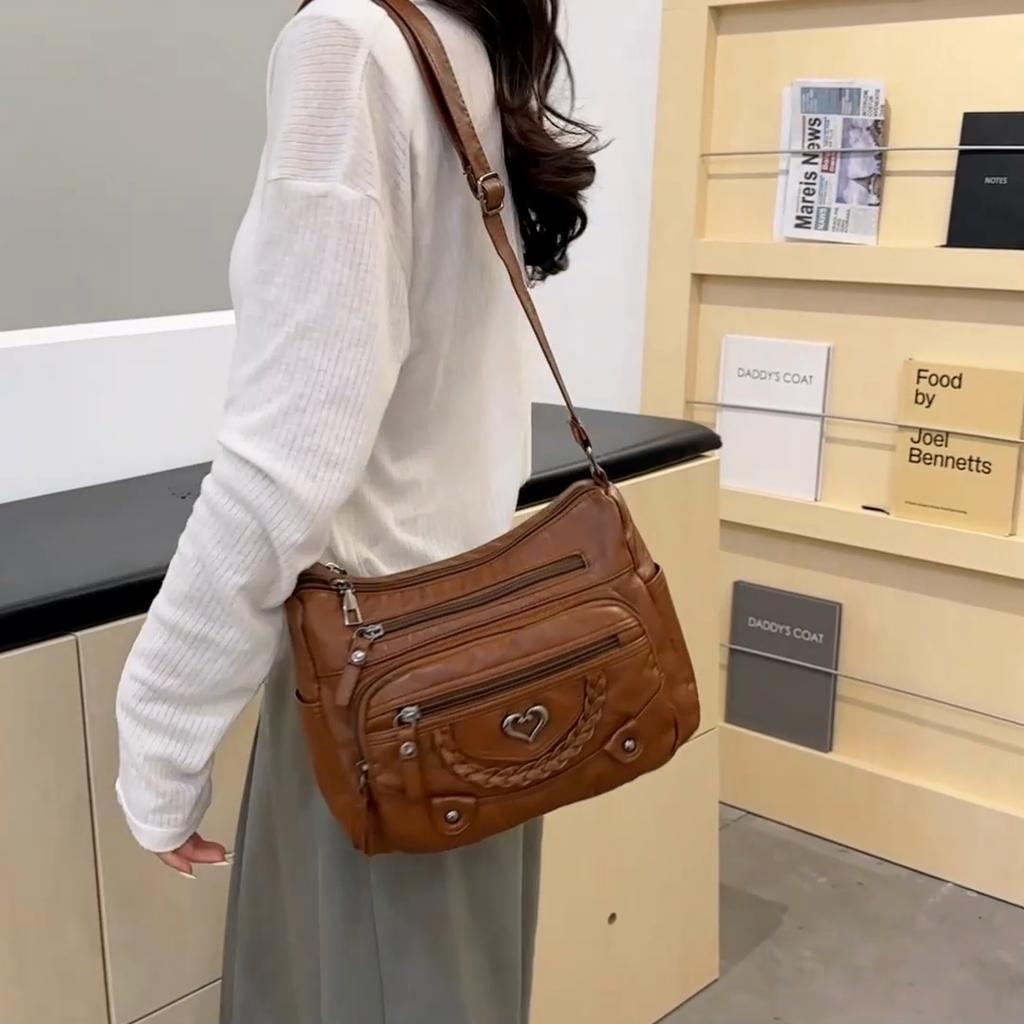 Vintage Crossbody Bag In Brown with Heart Accent - Adjustable Strap Multiple Zipper Pockets Small Crossbody Bag
