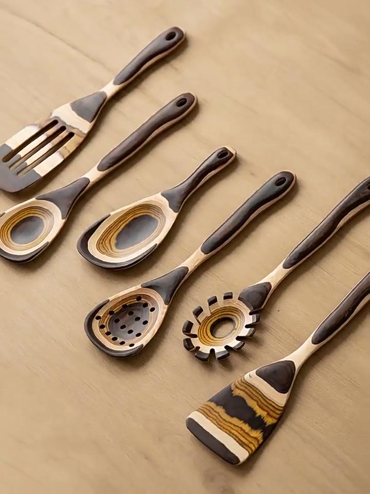 Retro Gradient Wood Kitchen Utensil Set, Non-stick Wooden Spatula Rice Spoon Pasta Spoon Colander Spoon, Heat Resistant Cooking Tool for Home Kitchen