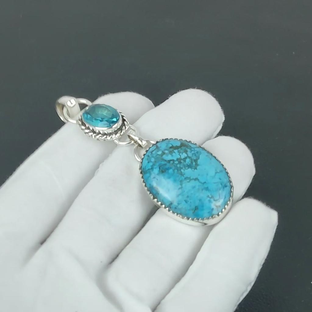 Tibetan Turquoise Pendant, 925 Sterling Silver Handmade Jewelry, Blue Topaz Silver Pendant, Party Wear Jewelry For Women's, Pendant Gift For Her