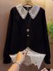New Korean Style Lapel Splicing Temperament Lace Top Loose Slimming Long-sleeved Top
