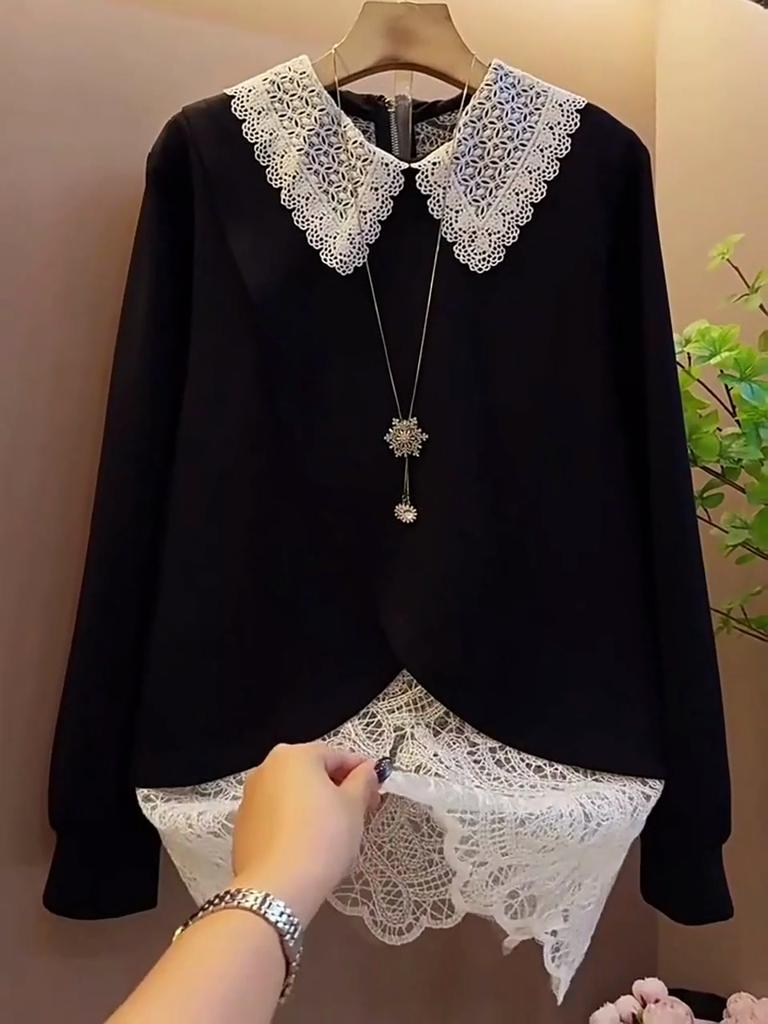 New Korean Style Lapel Splicing Temperament Lace Top Loose Slimming Long-sleeved Top