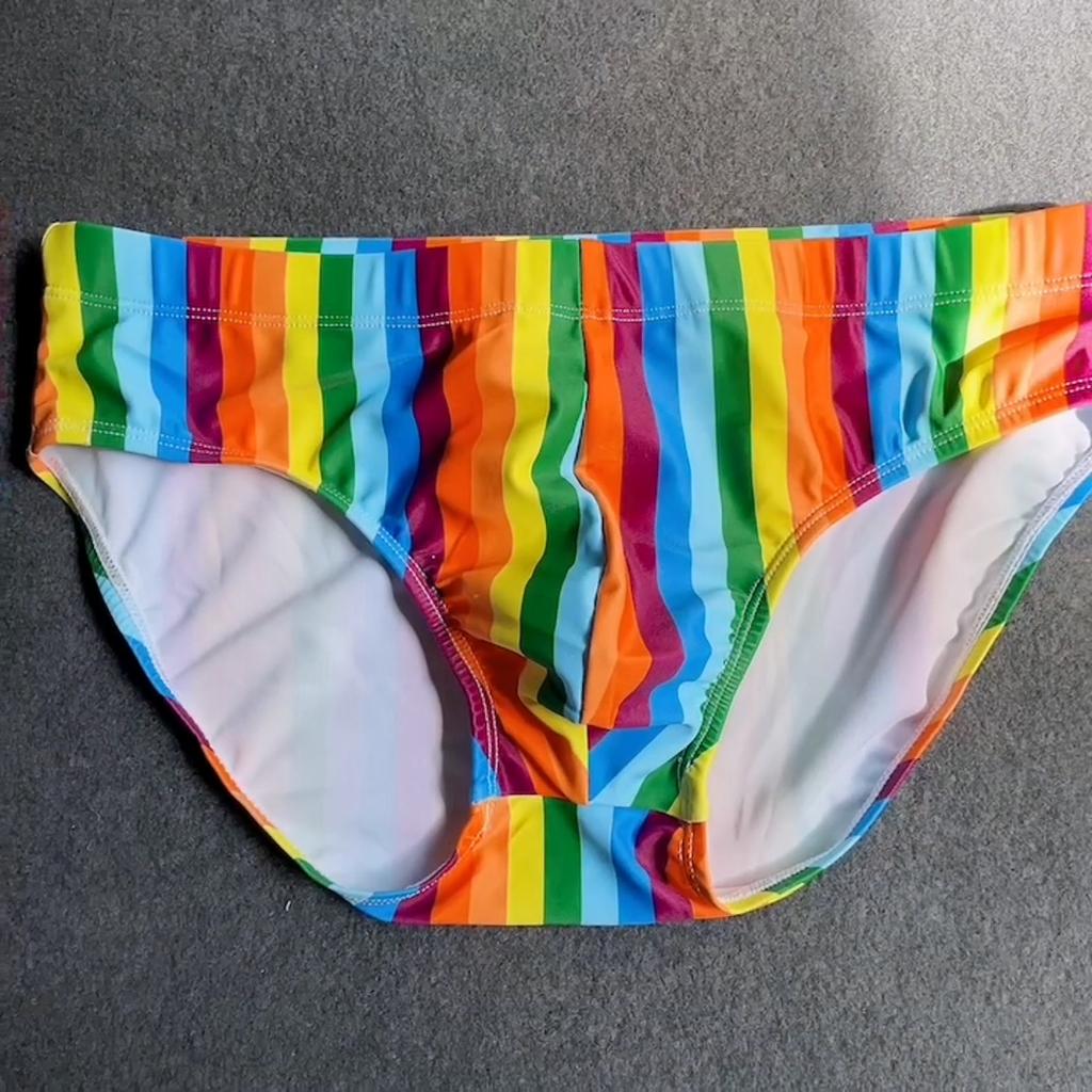 Stripe Colorful Polyester Rainbow Tie-Dye Men's Painted Stripes Brief Swimsuit