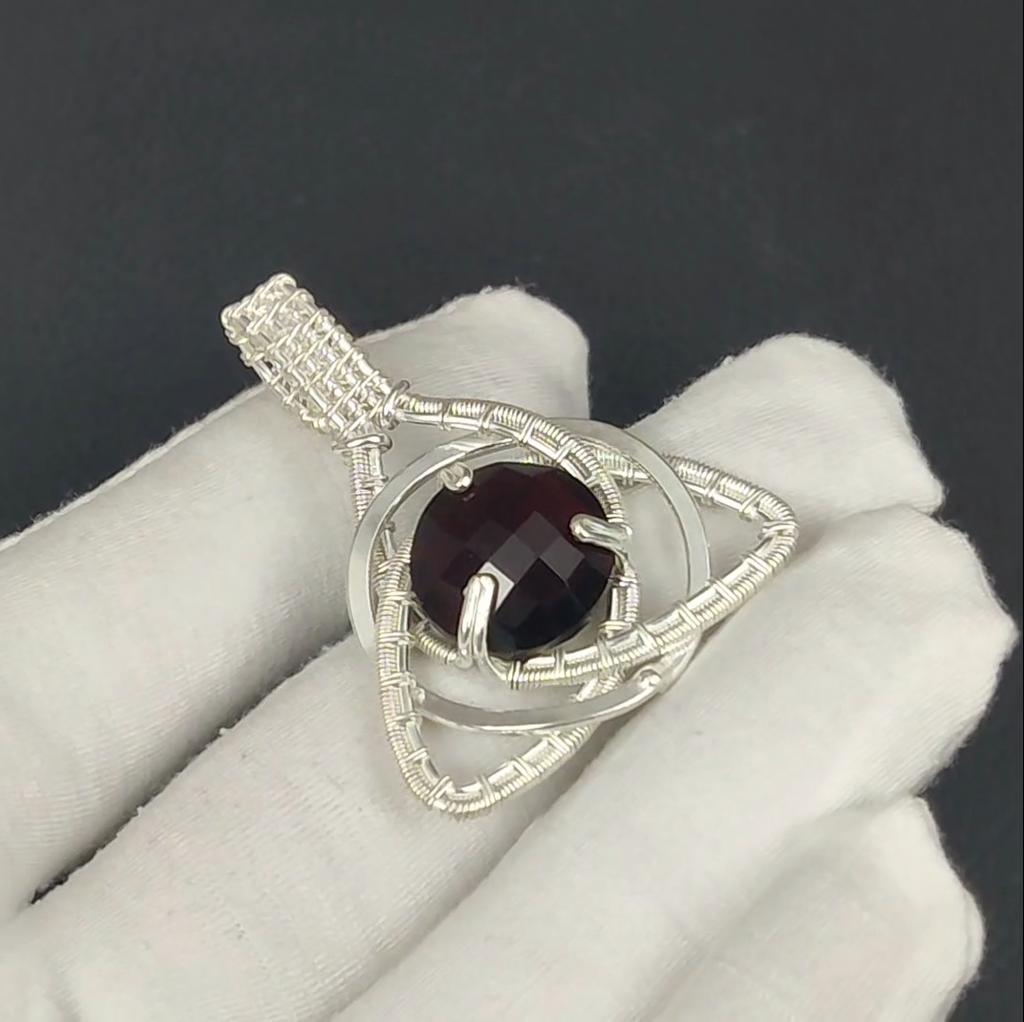 Black Spinel Gemstone Silver Pendant In 925 Sterling Silver- Handmade Design, Celtic Family Knot Wire Wrapped Everyday Jewelry, Gifts