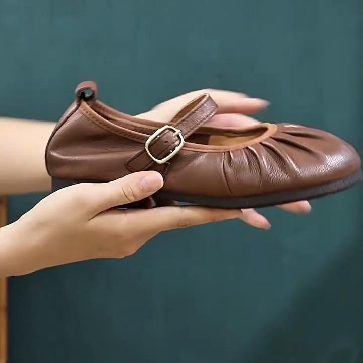 Johnature Retro sandaler med spenne i ekte skinn med flat bunn, komfortabel rund tå, grunne damesko